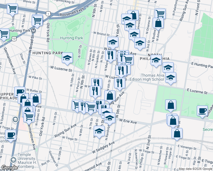 map of restaurants, bars, coffee shops, grocery stores, and more near 3901 North 6th Street in Philadelphia