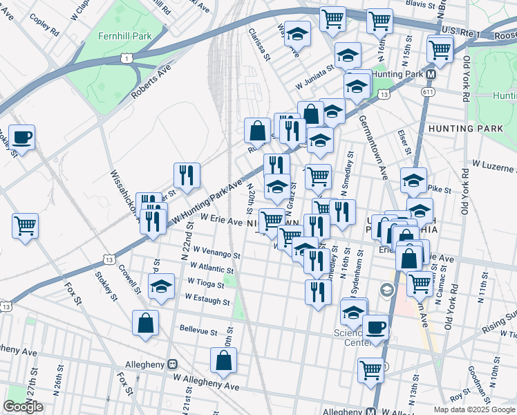 map of restaurants, bars, coffee shops, grocery stores, and more near 1931 West Airdrie Street in Philadelphia