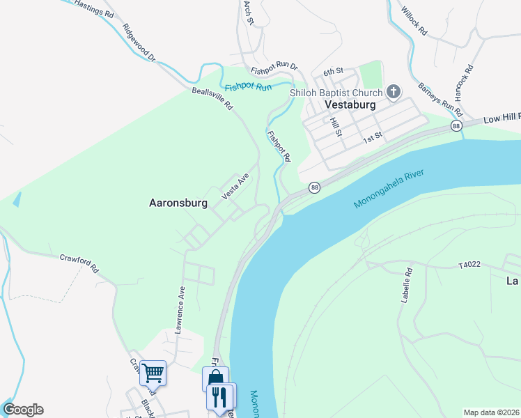 map of restaurants, bars, coffee shops, grocery stores, and more near 55 Beallsville Road in Fredericktown