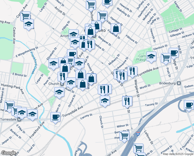 map of restaurants, bars, coffee shops, grocery stores, and more near 1811 Kinsey Street in Philadelphia