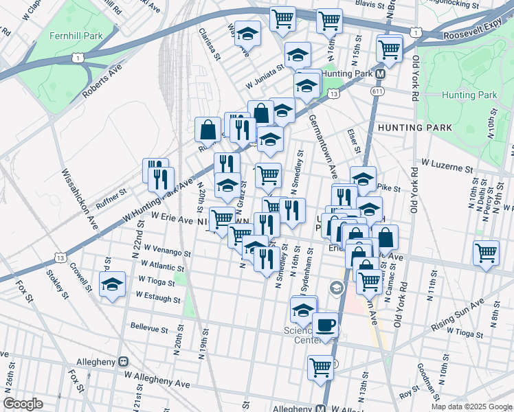 map of restaurants, bars, coffee shops, grocery stores, and more near 3751 North 18th Street in Philadelphia