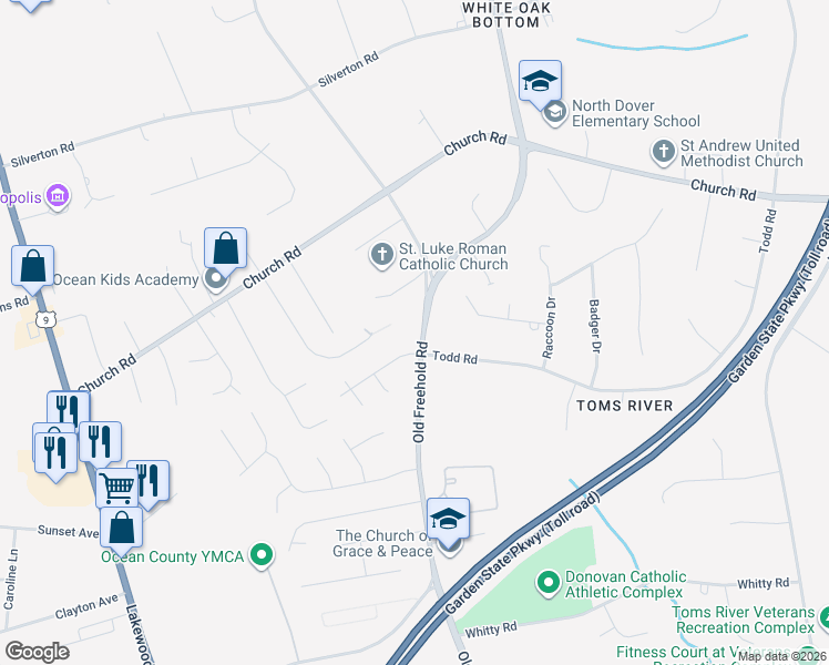 map of restaurants, bars, coffee shops, grocery stores, and more near 1650 Old Freehold Road in Toms River