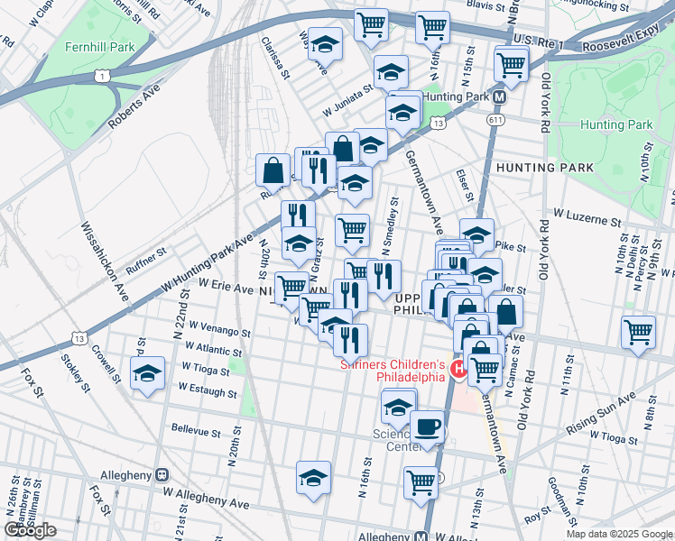 map of restaurants, bars, coffee shops, grocery stores, and more near 3751 North 18th Street in Philadelphia