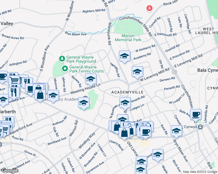 map of restaurants, bars, coffee shops, grocery stores, and more near 239 Winding Way in Merion Station
