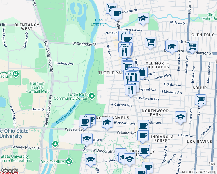 map of restaurants, bars, coffee shops, grocery stores, and more near 130 West Maynard Avenue in Columbus