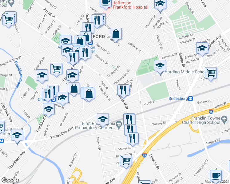 map of restaurants, bars, coffee shops, grocery stores, and more near 2000 Orthodox Street in Philadelphia
