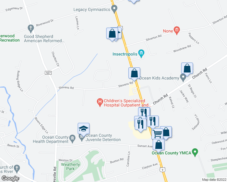 map of restaurants, bars, coffee shops, grocery stores, and more near 64 Stevens Road in Toms River