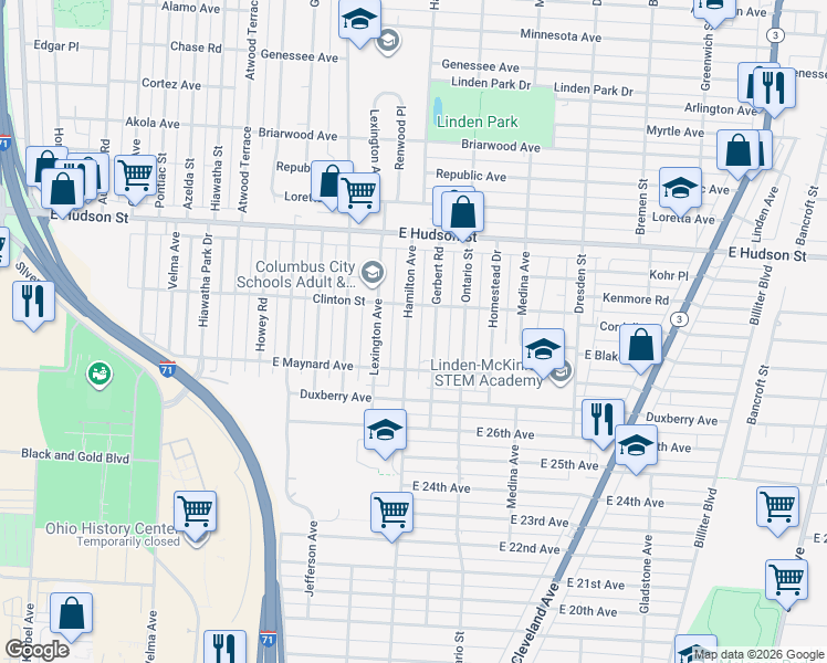 map of restaurants, bars, coffee shops, grocery stores, and more near 2228 Hamilton Avenue in Columbus