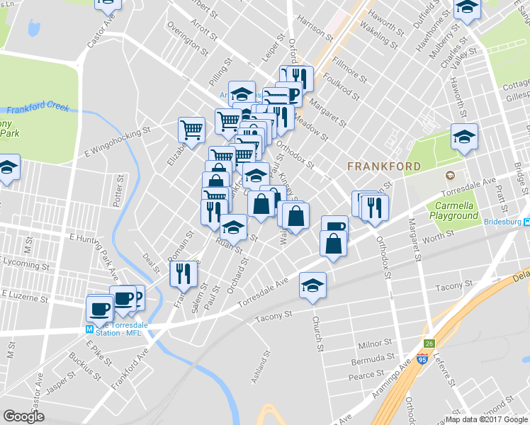 map of restaurants, bars, coffee shops, grocery stores, and more near 4354 Orchard Street in Philadelphia