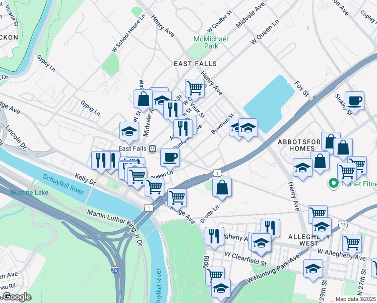 map of restaurants, bars, coffee shops, grocery stores, and more near 3512 Bowman Street in Philadelphia