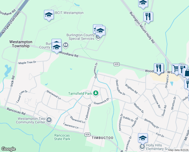 map of restaurants, bars, coffee shops, grocery stores, and more near 2 Greenwich Drive in Westampton
