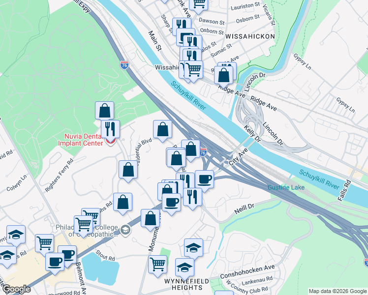 map of restaurants, bars, coffee shops, grocery stores, and more near 9 Presidential Boulevard in Bala Cynwyd