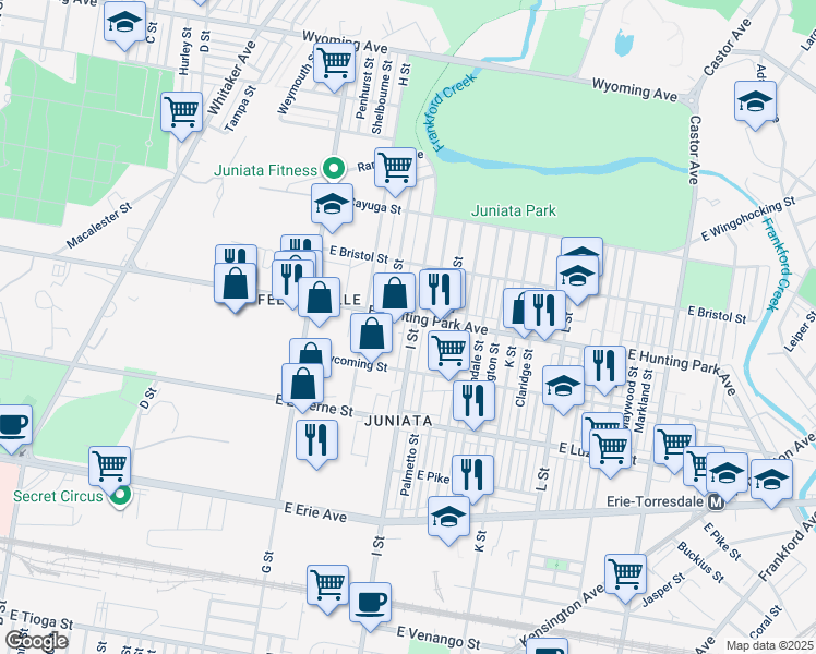map of restaurants, bars, coffee shops, grocery stores, and more near 4154 I Street in Philadelphia
