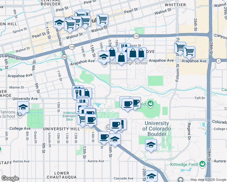 map of restaurants, bars, coffee shops, grocery stores, and more near 1710 Hillside Road in Boulder