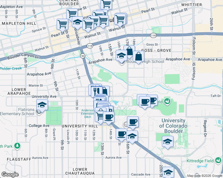 map of restaurants, bars, coffee shops, grocery stores, and more near in Boulder