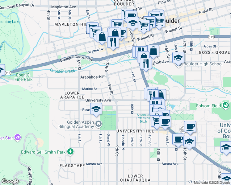 map of restaurants, bars, coffee shops, grocery stores, and more near 928 Grandview Avenue in Boulder