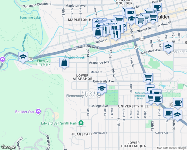 map of restaurants, bars, coffee shops, grocery stores, and more near 625 University Avenue in Boulder