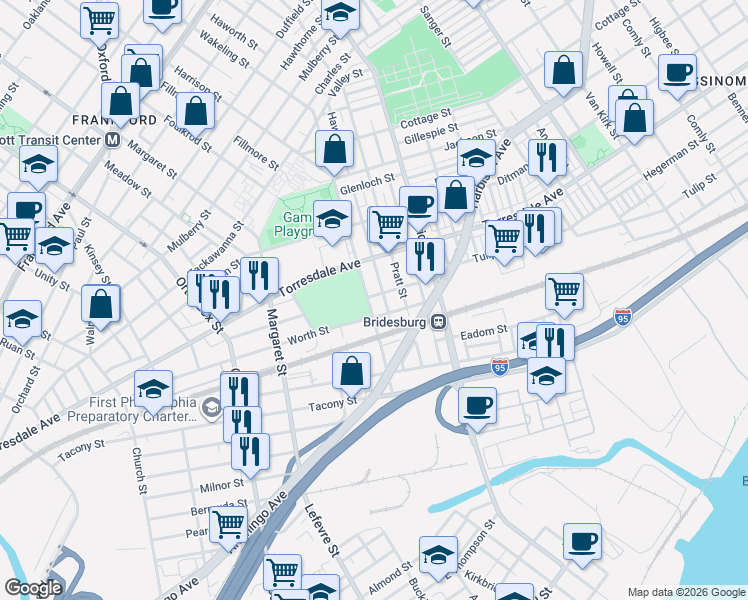 map of restaurants, bars, coffee shops, grocery stores, and more near 2175 Haworth Street in Philadelphia