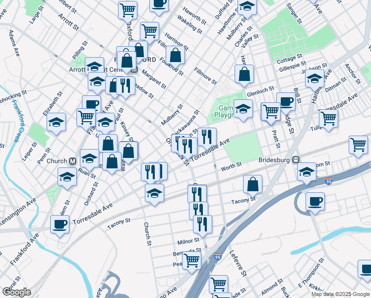 map of restaurants, bars, coffee shops, grocery stores, and more near 2020 Plum Street in Philadelphia