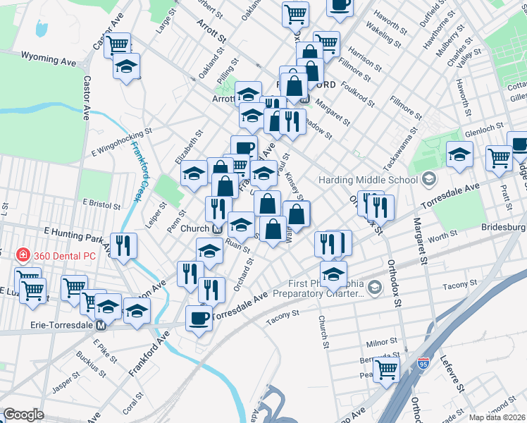 map of restaurants, bars, coffee shops, grocery stores, and more near 4322 Paul Street in Philadelphia