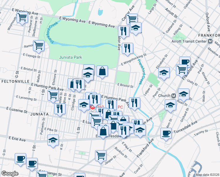map of restaurants, bars, coffee shops, grocery stores, and more near 4223 Maywood Street in Philadelphia