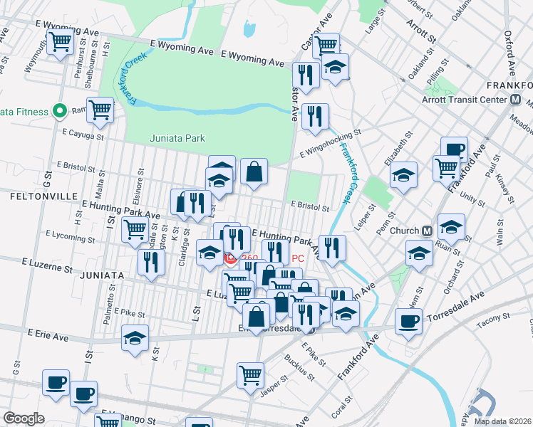 map of restaurants, bars, coffee shops, grocery stores, and more near 4223 Maywood Street in Philadelphia