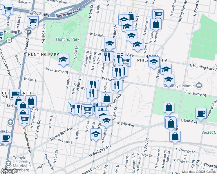map of restaurants, bars, coffee shops, grocery stores, and more near 3901 North 6th Street in Philadelphia