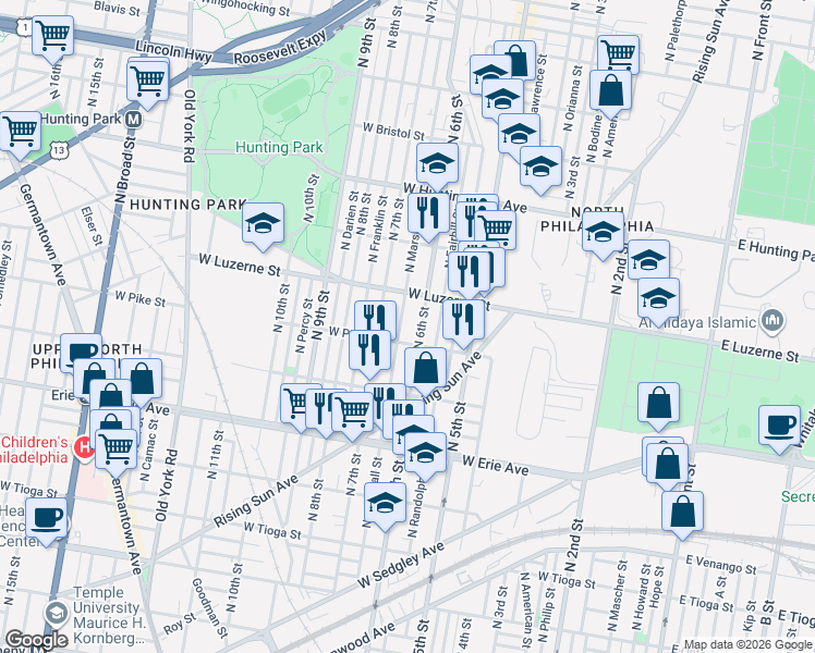 map of restaurants, bars, coffee shops, grocery stores, and more near 3901 North 6th Street in Philadelphia