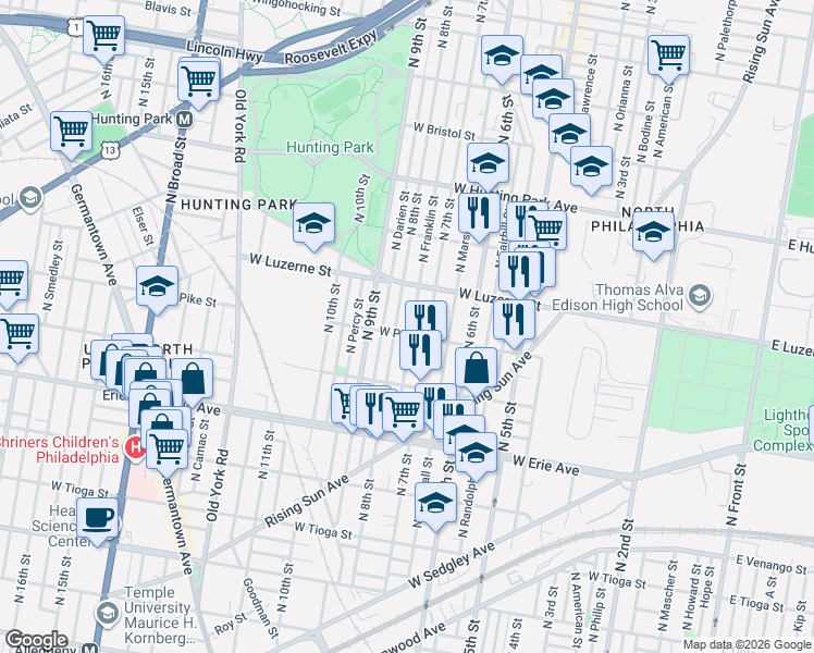 map of restaurants, bars, coffee shops, grocery stores, and more near 3863 North 8th Street in Philadelphia