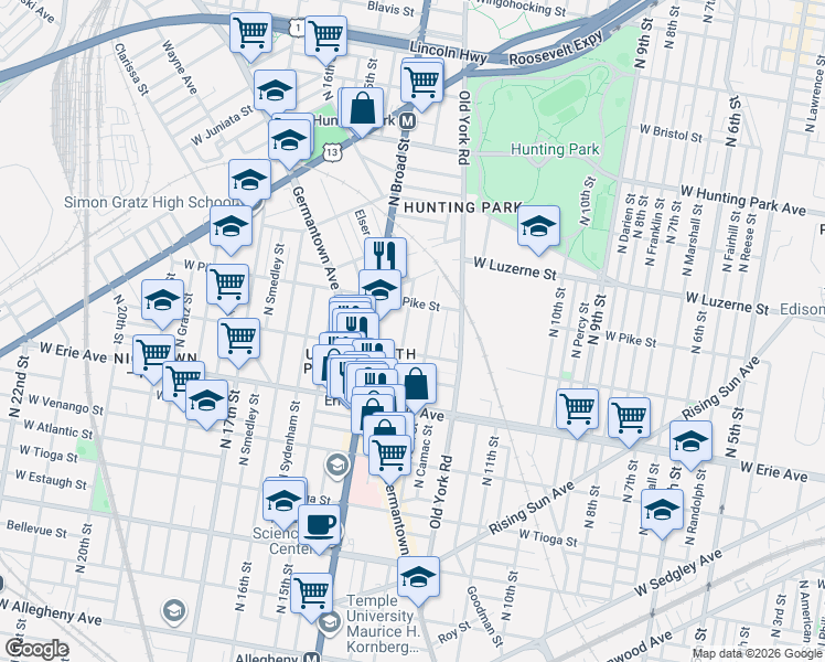 map of restaurants, bars, coffee shops, grocery stores, and more near 3815 North 13th Street in Philadelphia