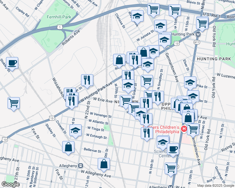 map of restaurants, bars, coffee shops, grocery stores, and more near 1943 West Airdrie Street in Philadelphia