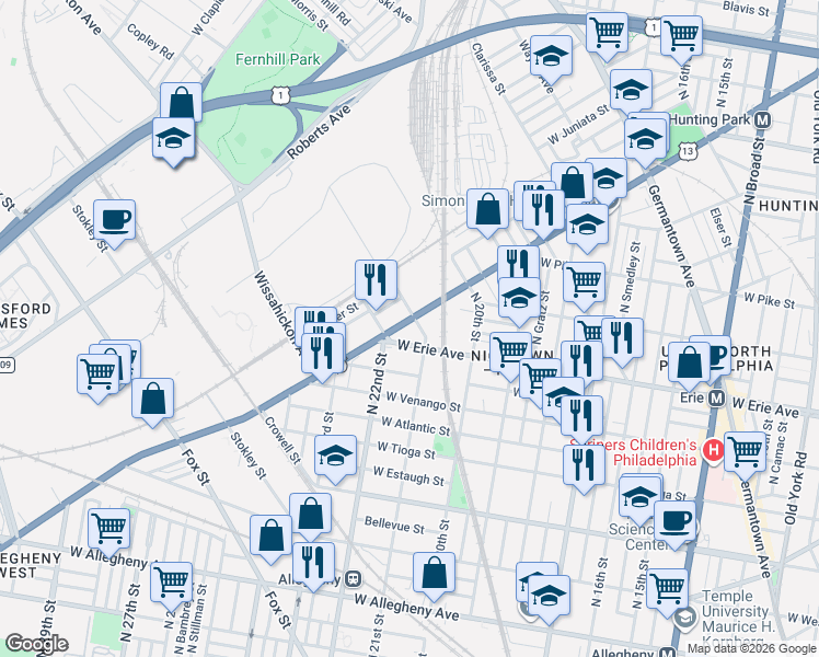 map of restaurants, bars, coffee shops, grocery stores, and more near 2129 West Erie Avenue in Philadelphia