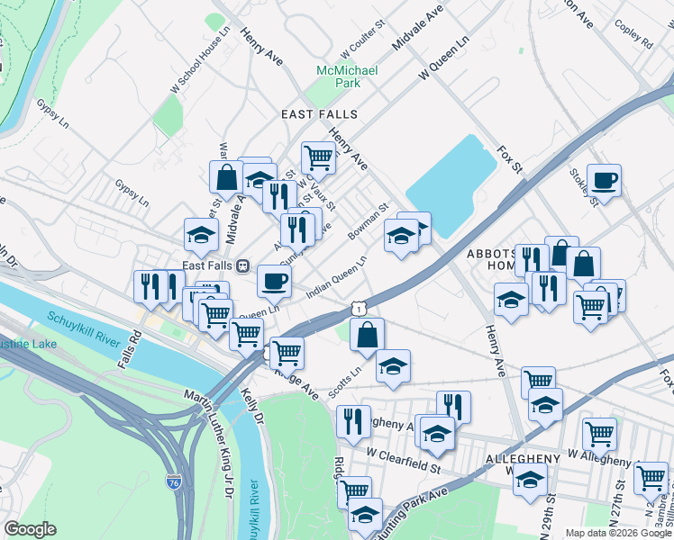 map of restaurants, bars, coffee shops, grocery stores, and more near in Philadelphia