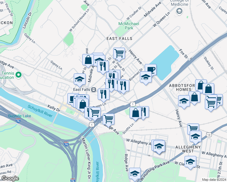 map of restaurants, bars, coffee shops, grocery stores, and more near 3512 Bowman Street in Philadelphia