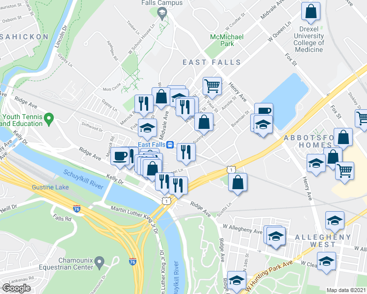 map of restaurants, bars, coffee shops, grocery stores, and more near in Philadelphia