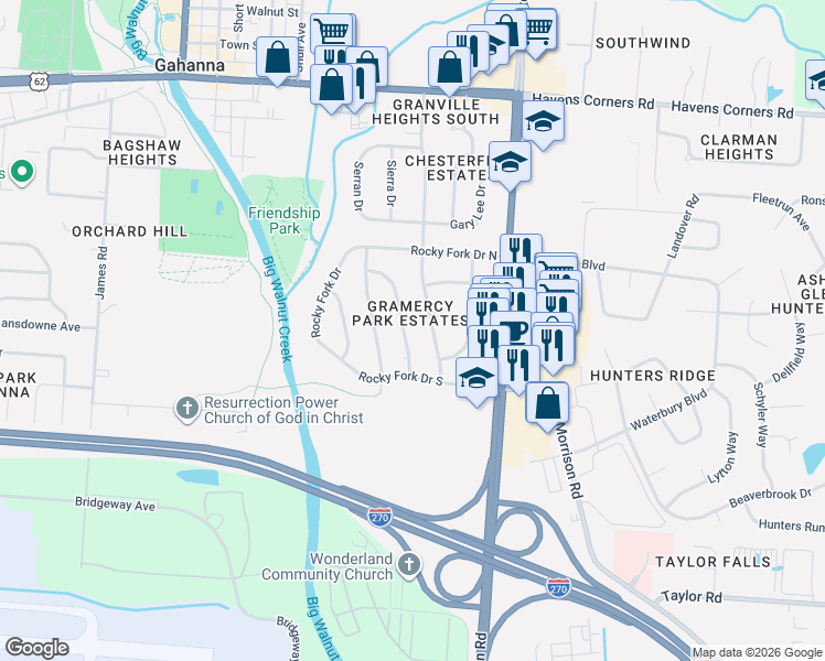 map of restaurants, bars, coffee shops, grocery stores, and more near 326 Broken Arrow Road in Columbus