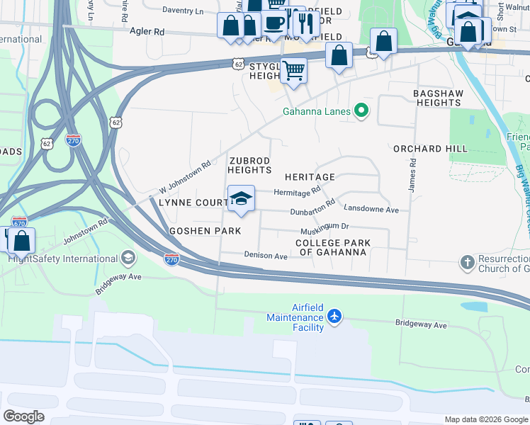 map of restaurants, bars, coffee shops, grocery stores, and more near 364 Bowling Green Place in Columbus