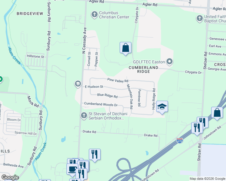 map of restaurants, bars, coffee shops, grocery stores, and more near 3158 Blue Ridge Road in Columbus