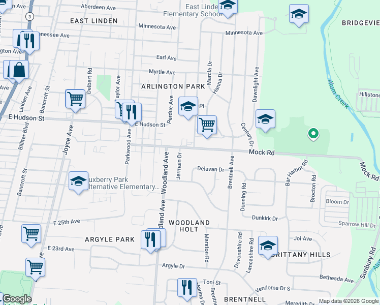 map of restaurants, bars, coffee shops, grocery stores, and more near 2160 Mock Road in Columbus