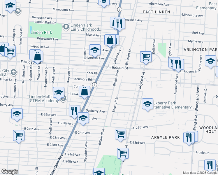map of restaurants, bars, coffee shops, grocery stores, and more near 1607 Cordell Avenue in Columbus
