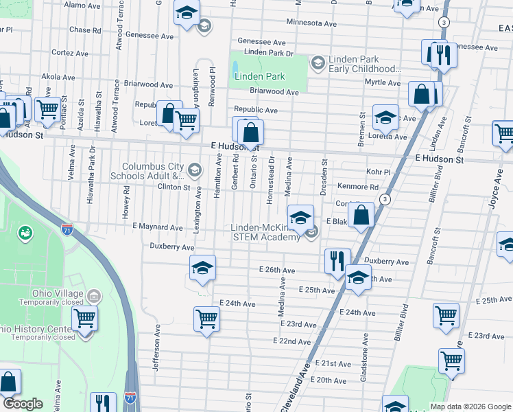 map of restaurants, bars, coffee shops, grocery stores, and more near 2203 Ontario Street in Columbus