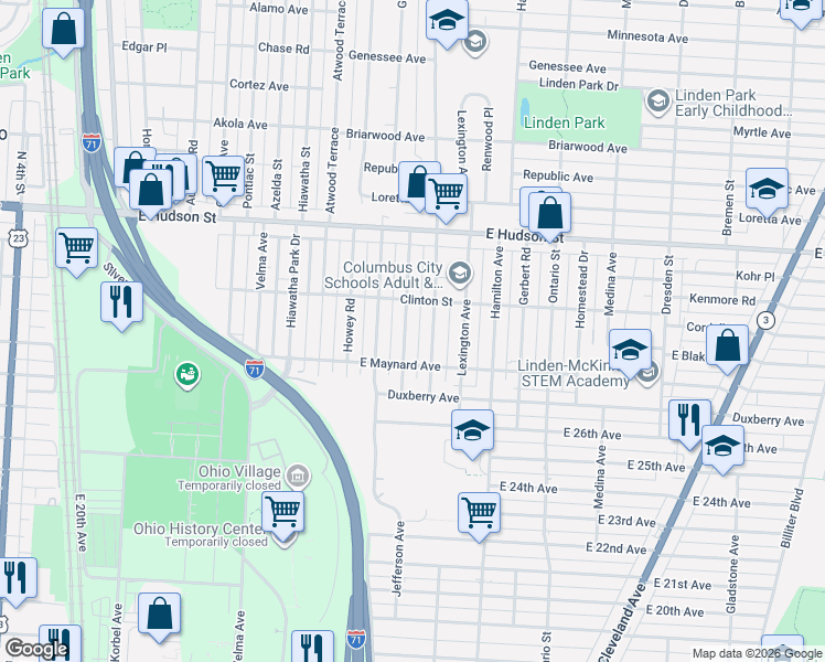map of restaurants, bars, coffee shops, grocery stores, and more near 2233 Jefferson Avenue in Columbus