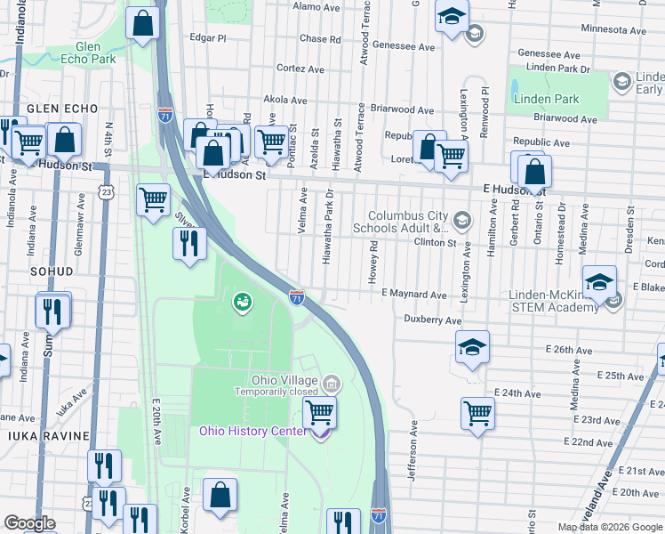 map of restaurants, bars, coffee shops, grocery stores, and more near 2257 Hiawatha Park Drive in Columbus