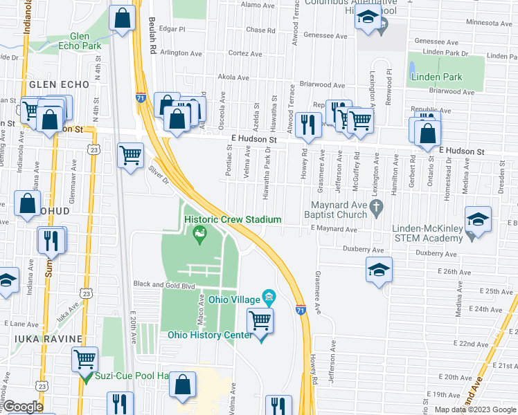 map of restaurants, bars, coffee shops, grocery stores, and more near 2257 Hiawatha Park Drive in Columbus