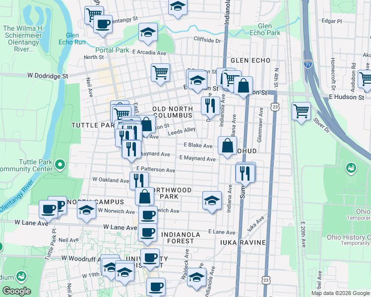 map of restaurants, bars, coffee shops, grocery stores, and more near 174 East Maynard Avenue in Columbus