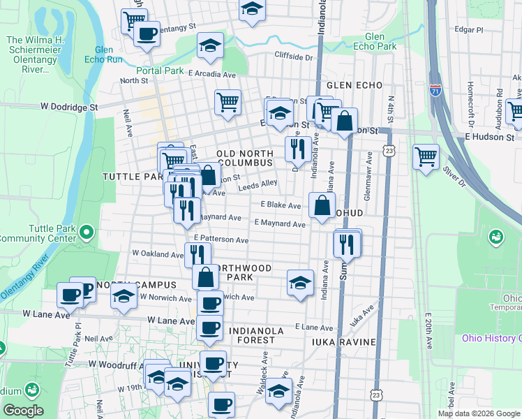 map of restaurants, bars, coffee shops, grocery stores, and more near 174 East Maynard Avenue in Columbus