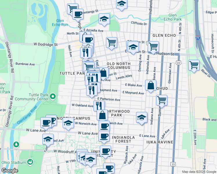 map of restaurants, bars, coffee shops, grocery stores, and more near 63 East Maynard Avenue in Columbus