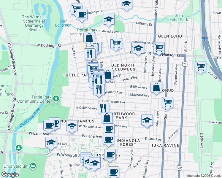 map of restaurants, bars, coffee shops, grocery stores, and more near 63 East Maynard Avenue in Columbus