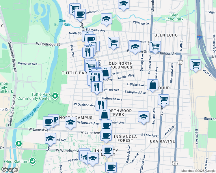 map of restaurants, bars, coffee shops, grocery stores, and more near 63 East Maynard Avenue in Columbus