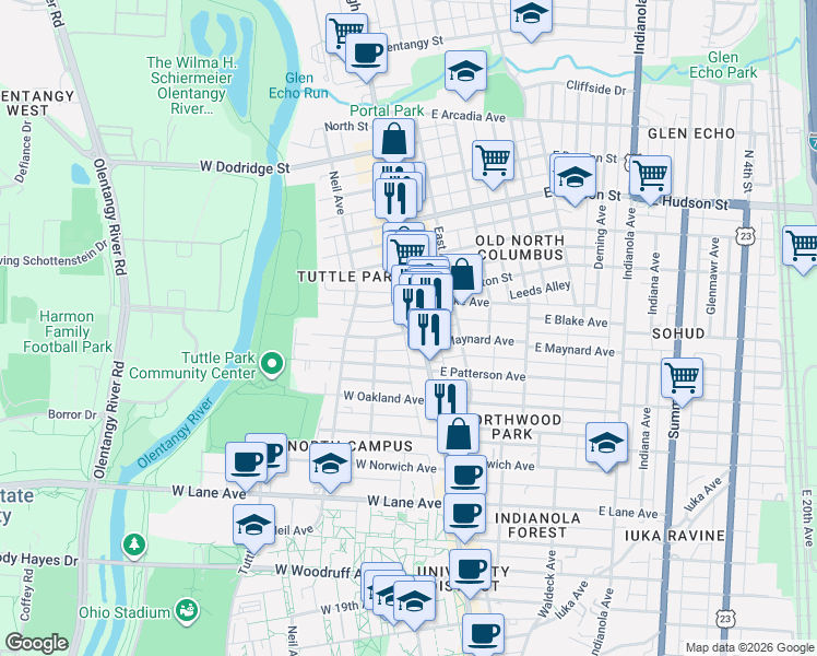map of restaurants, bars, coffee shops, grocery stores, and more near 45 West Maynard Avenue in Columbus
